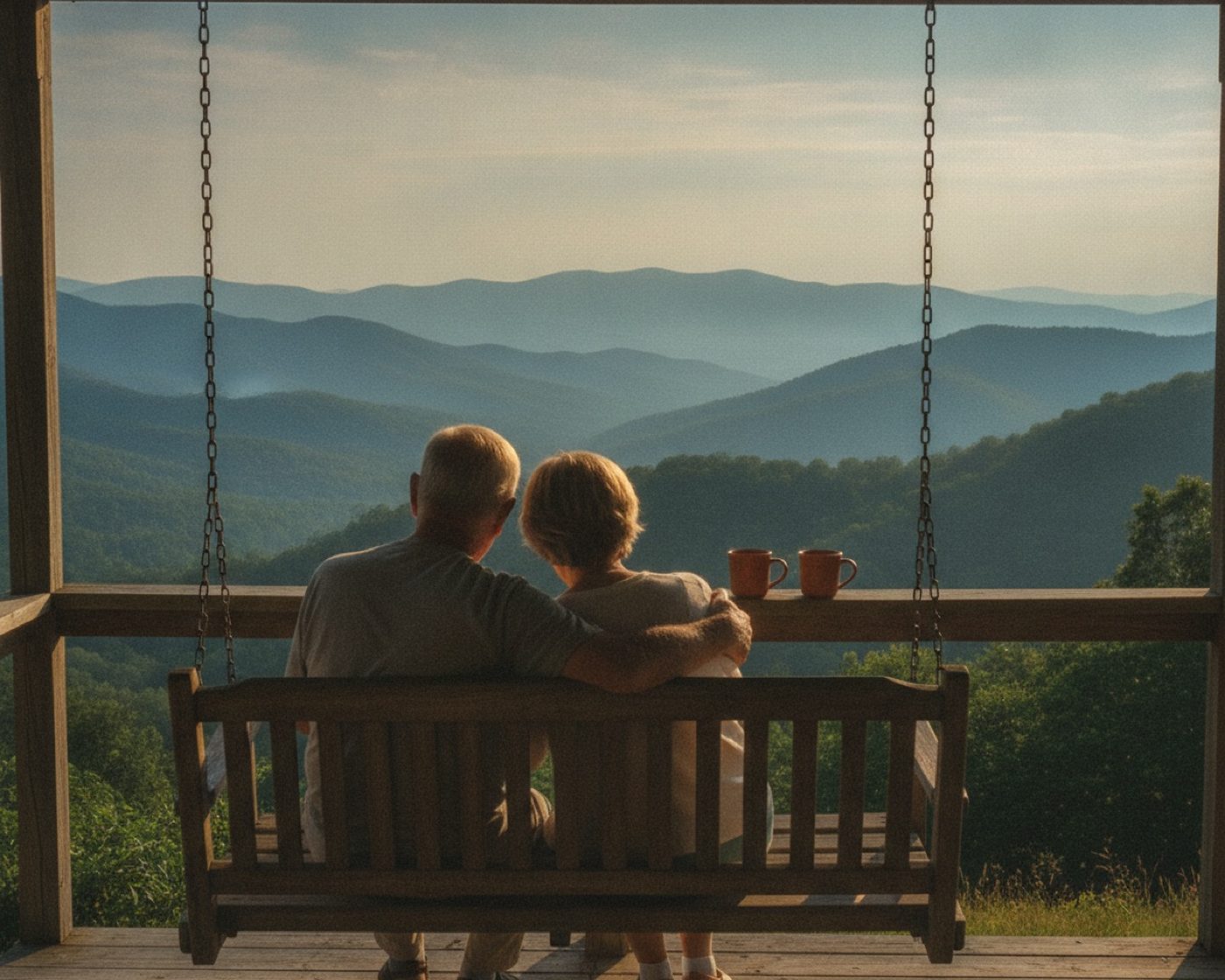 Couple on a porch swing looking out over the North Georgia mountains at sunset